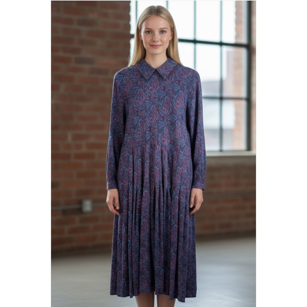 Vintage 80's Purple and Blue Paisley Drop Waist Dress Size 12 Modest Farmhouse